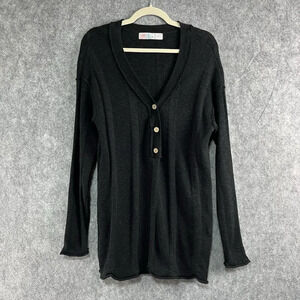 Free People Beach Sweater Womens M Black Venice Henley Button Linen Blend